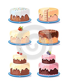 Cream cake tasty cakes vector set in cartoon style