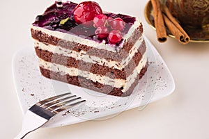 Cream Cherry Cake and Coffee Cup