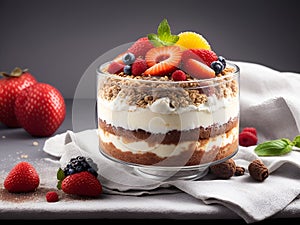 Cream and chocolate with fruits in the top sweet desert in a glass cup