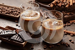 Cream and coffee cocktail in glasses with ice