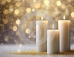 Cream color candles in festive bokeh background