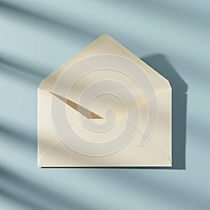 Cream-colored envelope on a light blue surface with shadows. The