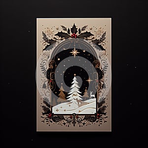 Cream colored Merry Christmas card on black background.