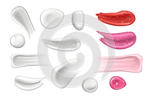 Cream cosmetic smears. White creamy and lipstick elements. Isolated gel, yogurt vector realistic stroke