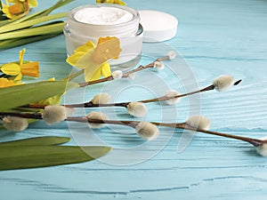 Cream cosmetic treatment hygiene yellow flowers blue wooden background daffodil, fluffy willow, spring