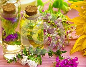 Cream cosmetic, wild flowers season , organic product freshness moisturizer essence vintage on a wooden background