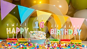 Cream cupcake with a candle for sixteen years, Greeting colorful card happy birthday 16, birthday cupcake with candles