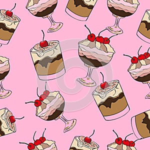 Cream dessert seamless pattern on pink background.