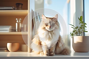 A cream-furred cat sits gracefully by a window, basking in the sunlight amidst houseplants. The peaceful setting is