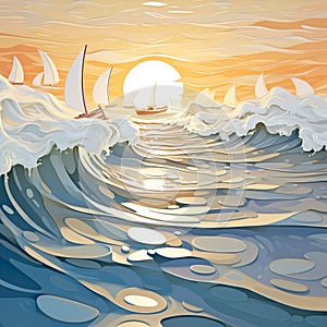 Cream Futurism Seascape Abstract: Tropical Sea, Waves, Sailboat, Sunset