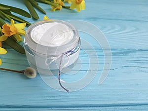 Cream cosmetic glass organic care spa flowers blue wooden background daffodil, fluffy willow, spring