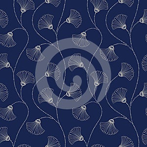 Cream Hand-Drawn Abstract Floral Vector Seamless Pattern on Indigo Background. Art Deco Blooms. Abstract Fan Flowers photo