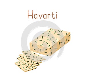 Cream Havarti cheese with green onions. Gourmet Danish chees. Cut slices of delicious dairy product. Colored flat vector