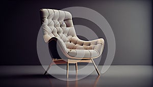 Cream Living Room leather Chair. Side View of Modern geige Armchair with Upholstered Armrests Seat Button Tufted Back