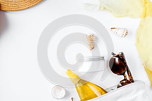 Cream and lotion cosmetic for sun protection on white background