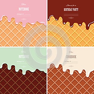 Cream melted on wafer background set. Ice cream cone close up. Cute design with sample text.