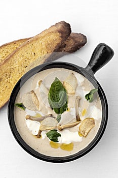 cream of mushroom soup in bowl on white background