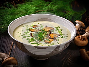 Cream Mushroom Soup with Porcini or Bay Boletes in White Restaurant Bowl, Wild Eco Mushrooms Dish