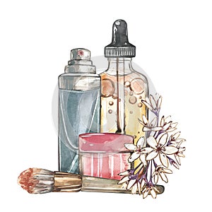 Cream, oil skin care, brush, flowers isolated on white background. Watercolor hand drawing illustration. Art for design