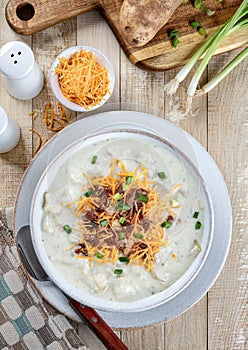 Cream of potato soup with bacon, cheese and green onions