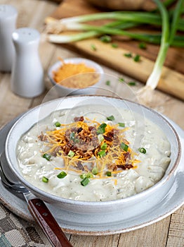 Cream of potato soup with bacon, cheese and green onions