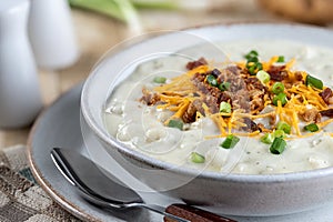 Cream of potato soup with bacon, cheese and green onions