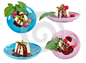 Cream pudding with chocolate sauce, raspberry and mint