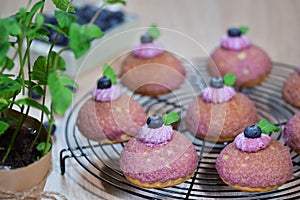 Cream puff with craquelin and blueberries photo