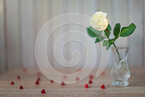 Cream rose in a crystal vase on a blurry background with red hearts.