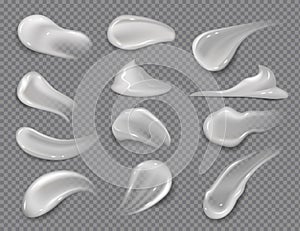 Cream smears. Realistic white cosmetic gel, creamy toothpaste blobs on transparent background. Vector skincare lotion