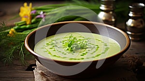 Cream soup with asparagus in a plate. Selective focus.