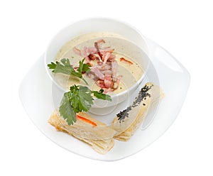 Cream soup. ham and bun