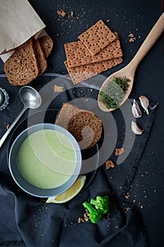 Cream soup made of vegetables. Tasty green soup. Creamy soup. Tasty food