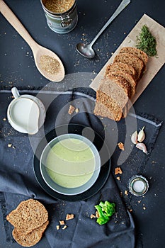 Cream soup made of vegetables. Tasty green soup. Creamy soup. Tasty food