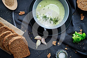 Cream soup made of vegetables. Tasty green soup. Creamy soup. Tasty food