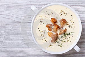 Cream soup with mushrooms chanterelles and herbs top view