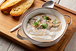 Cream soup puree with mushroom with crispy baguette on wooden salver. Decorated with honey agaric and parsley.
