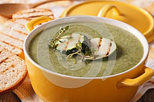 Cream soup of zucchini with thyme macro in a yellow pot. horizon