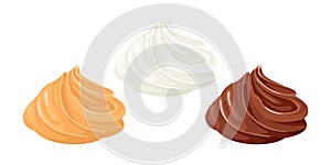 Cream swirl set. White whipped cream, peanut butter swirl or caramel cream portion and chocolate sweet mousse isolated.