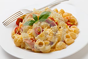 Cream and tomato pasta with fork