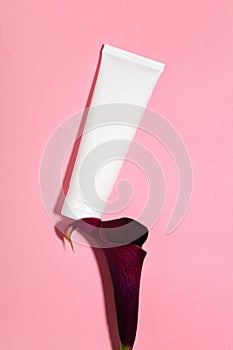 Cream tube  on bright pink background with calla flower. Cosmetic product blank plastic package. White unbranded lotion,