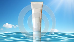 Cream tube mockup in blue clear water background. Skin protection lotion blank template white tube in swimming pool copy space.