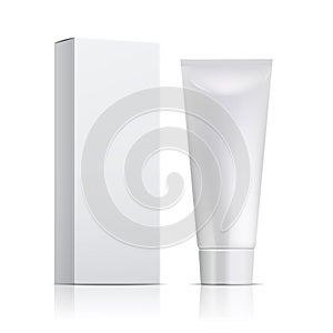 Cream tube and packaging. Ointment or toothpaste box mockup. 3d white cosmetic gel vector template