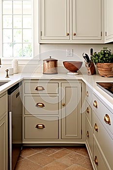 Cream white cottage kitchen decor, interior design and house improvement, English in frame kitchen cabinets in a