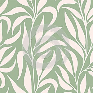 Cream white trailing foliage on sage green seamless vector pattern, great for textile, wallpaper