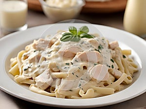 Creamy Alfredo pasta with chicken, mushrooms and parmesan cheese.