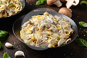 Creamy Alfredo pasta with chicken, mushrooms and parmesan cheese. Healthy Italian food