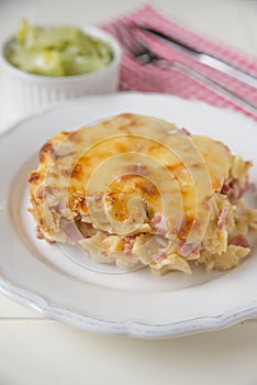 Creamy baked pasta with bacon and cheese