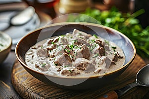 Creamy beef stroganoff with fresh greenery. Generative AI