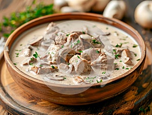 Creamy Beef Stroganoff with Mushrooms and Parsley in Rustic Ceramic Bowl on Wooden Table Background